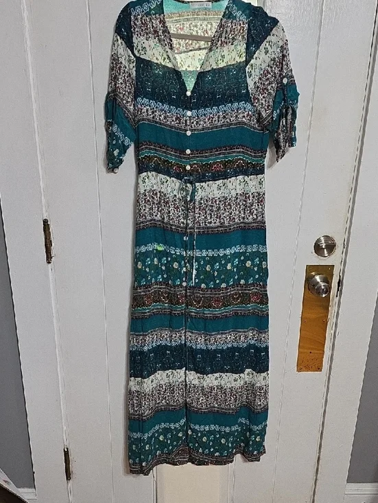 R. Vivimos Womens Dress Buttons Front Slit Teal Floral Tab Sleeves Sz M 8/10 EUC - Picture 1 of 13